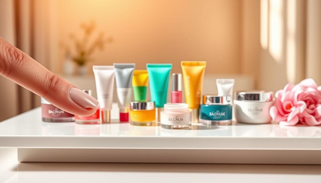 A beautifully arranged display of lip care products designed for post-procedure use, including balms and ointments in elegant containers. The foreground features a close-up of a soft, creamy lip balm being gently applied with a finger to lush, healthy-looking lips. In the middle, a variety of colorful tubes and jars are artfully arranged on a sleek white surface, showcasing their unique textures and packaging. The background is softly blurred with warm, natural light filtering in, creating a calming atmosphere. Incorporate soothing colors like pale pink and light beige to evoke a sense of gentle care. The overall mood is serene and professional, emphasizing the importance of aftercare for lip procedures.