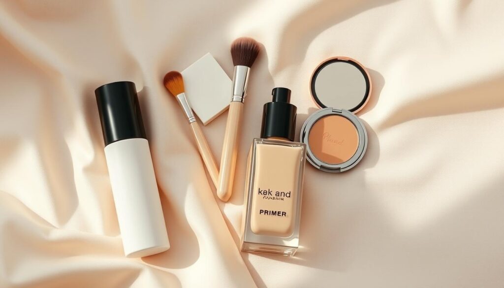 A beautifully arranged flat lay of makeup essentials focused on a primer and foundation, placed on a soft, neutral-toned fabric backdrop. In the foreground, a sleek bottle of primer with a matte finish, next to a high-end foundation in a glass bottle. The middle layer should feature delicate makeup brushes and a compact mirror, enhancing the beauty theme. In the background, gentle lighting creates a warm and inviting atmosphere, with soft shadows that add depth to the scene. The overall mood is calm and sophisticated, appealing to beauty enthusiasts and beginners alike. Emphasize the elegance of the makeup products without any human figures, creating a visually stunning representation of preparation for an exquisite makeup application.