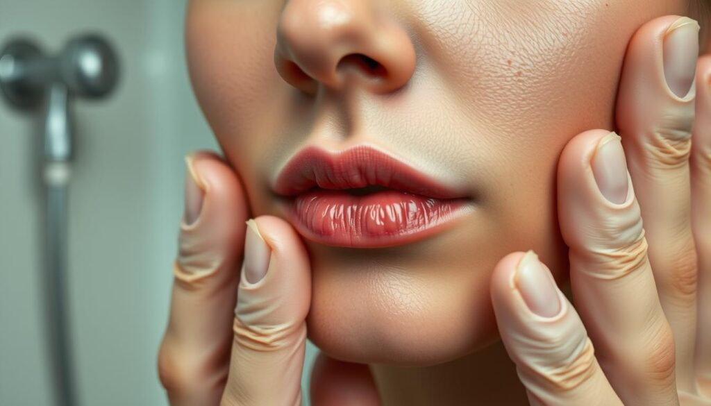 A close-up image focusing on the early symptoms of herpes on the lips, showcasing subtle redness and small blisters around the mouth. The background features a softly blurred bathroom environment to evoke a sense of personal care and hygiene. The lighting is soft and natural, highlighting the skin's texture while maintaining a clinical and informative atmosphere. A pair of hands, wearing modest gloves, gently touches the affected area, indicating concern and the need for immediate action. The composition captures a serious yet calm mood, emphasizing the importance of recognizing symptoms early and taking appropriate steps for treatment. Avoid any distractions or unrelated elements, ensuring clarity and focus on the facial features.