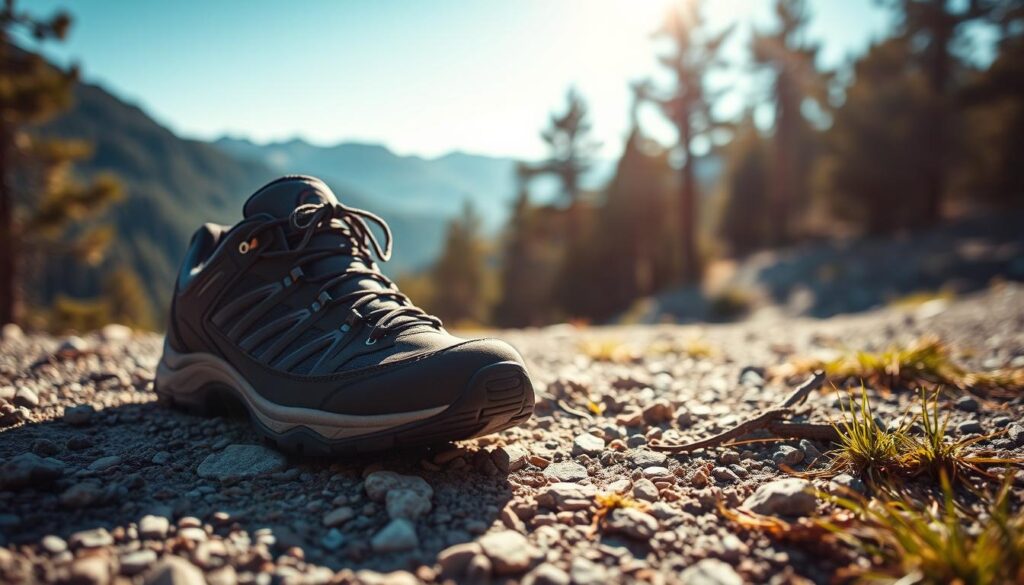 A close-up image of a pair of Marwells trekking shoes, showcasing their rugged design and high-quality materials. The foreground captures the shoes on a rocky, outdoor surface with small pebbles and grass. In the middle ground, a blurred view of a scenic mountain landscape under a clear blue sky highlights the adventurous spirit of hiking. Sunlight filters through the trees, casting soft shadows and creating a warm, inviting atmosphere. The composition is shot from a slightly elevated angle to emphasize the shoes' features such as their tread, cushioning, and lacing system. The overall mood is inspiring and energizing, perfect for outdoor enthusiasts looking for reliable footwear.