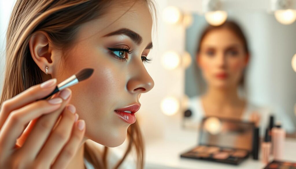 A close-up of a woman applying eye makeup that enhances the shape of her eyes and complements her iris color. The foreground shows her face in profile, with a delicate makeup brush in hand and carefully chosen eyeshadow colors on the palette. In the middle, the eye area is well-lit, showcasing blended eyeshadow that matches her skin tone and enhances her natural beauty. Soft, ambient lighting casts a flattering glow on her features, creating a serene and inviting atmosphere. In the background, a softly blurred vanity mirror reflects the well-organized makeup products and gentle, pastel colors of a modern space, emphasizing a quick and natural daytime makeup look, with the focus entirely on enhancing her eyes.