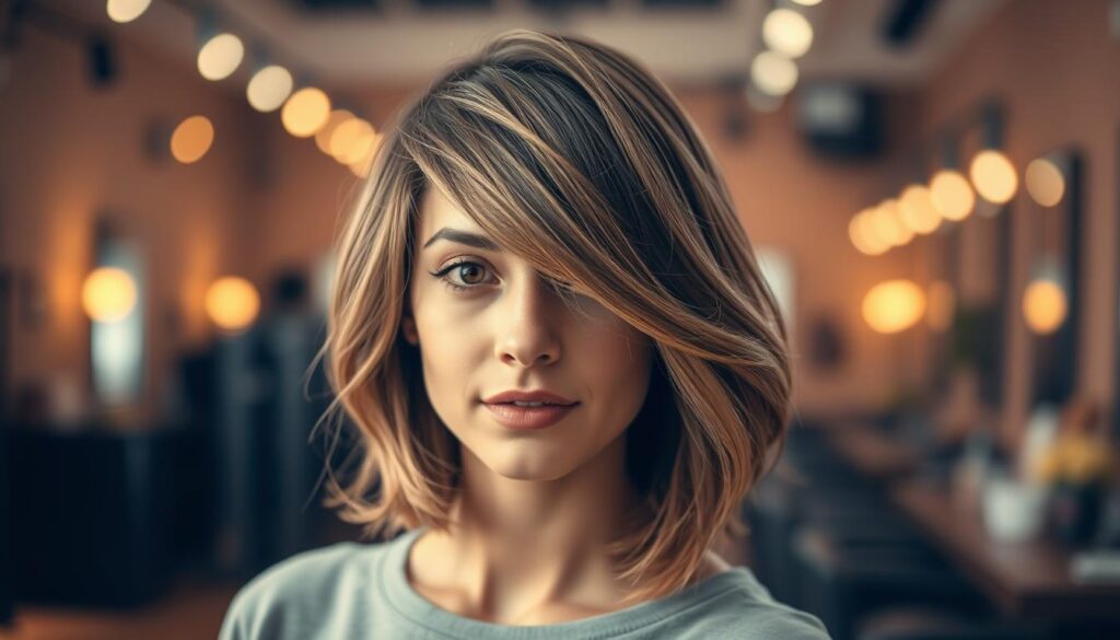 A close-up portrait of a woman showcasing a C-shape layered haircut that elegantly frames her face. The hairstyle is characterized by soft, flowing layers that start from the crown and gracefully cascade down, creating an eye-catching silhouette. The hair has a natural shine, with subtle highlights enhancing the texture. She wears modest casual clothing, complementing the hairstyle without distraction. The background features a softly blurred salon setting with warm, inviting lighting to create a cozy atmosphere. The angle captures the hairstyle from slightly below eye-level, highlighting its shape against the woman's face. The mood is stylish and modern, embodying contemporary hair trends.
