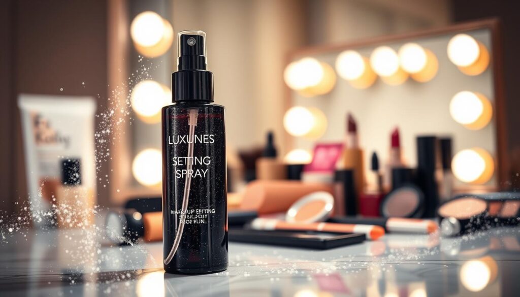 A close-up shot of a luxurious makeup setting spray bottle, elegantly designed, placed on a stylish vanity. The foreground features the bottle surrounded by shimmering, cascading sparkles to symbolize its fixing properties, creating a sense of magic. In the middle ground, artfully arranged makeup products such as foundations, blushes, and eyeshadows blend together, illustrating the makeup layers it helps to unify. The background showcases a softly blurred mirror with warm, inviting lighting that highlights the bottle, creating a serene and polished atmosphere. The overall mood is one of sophistication and beauty, evoking a sense of trust in makeup finishing sprays. Capture this moment from a slightly elevated angle to emphasize the elegance of the arrangement.