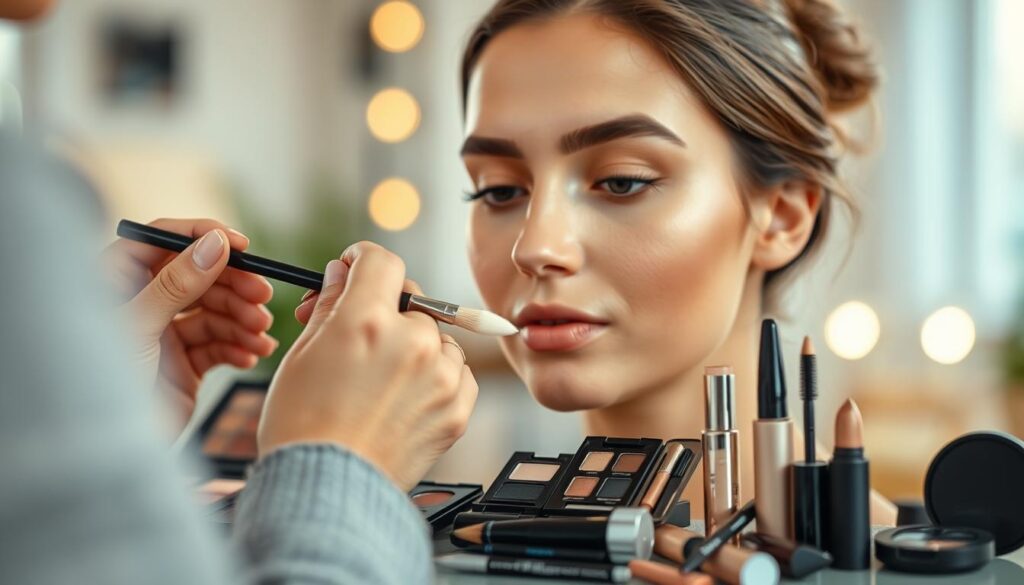 A close-up view of a beautifully arranged step-by-step eye makeup tutorial. The foreground captures a professional makeup artist's hands delicately applying neutral eyeshadow on a model's eyelids using a soft brush, highlighting subtle colors for a natural look. In the middle, various makeup tools and products are neatly arranged: eyeshadow palettes, brushes, eyeliner, and mascara, all featuring earthy tones to emphasize a simple daily makeup style. The background is softly blurred, suggesting a well-lit and inviting makeup studio with warm, natural lighting that creates a cozy atmosphere. The model is dressed in modest casual clothing, exuding relaxed confidence, while the overall mood is friendly and encouraging, perfect for beginners aiming for a quick and elegant eye makeup routine.
