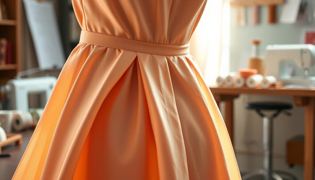 A close-up view of a stylish dress with a detailed focus on a panel insert at the back, showcasing how it expands the waistline for a comfortable fit. The dress is designed with soft, flowing fabric in warm pastel colors, elegantly arranged to highlight the additional panel. The background features a softly blurred sewing workspace with spools of thread and sewing tools, creating a cozy atmosphere. A gentle light filters in from the side, casting soft shadows that accentuate the textures of the dress and panel. The overall mood is creative and inviting, emphasizing practicality and elegance in fashion design.