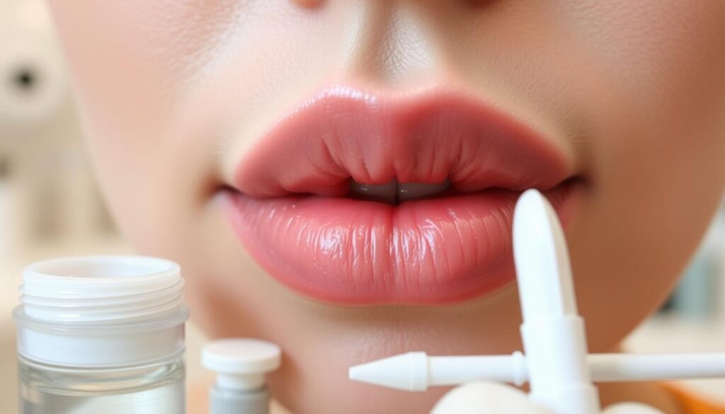 A close-up view of an individual’s lips after permanent makeup application, focusing on typical healing symptoms such as slight swelling, mild redness, and a natural finish. The lips should have a subtle sheen, showcasing the fresh pigmentation of the procedure. In the foreground, display a soothing balm and a clean applicator for post-care treatment. The middle ground should include a professional setting with soft, diffused lighting that enhances the natural colors of the skin and lips. The background can feature a blurred beauty clinic or aesthetic room to contextualize the procedure. The mood should be calm and informative, emphasizing a sense of care and professionalism in the healing process.
