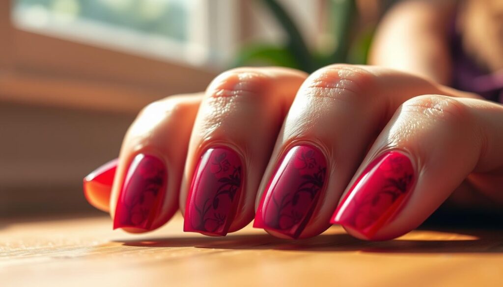 A close-up view of beautifully manicured nails featuring vibrant shades of red, purple, and plum. The nails are styled in a bold artistic design, showcasing intricate patterns and glossy finishes that reflect light. The foreground captures the rich colors and details of the nail art, while the background is softly blurred to emphasize the manicure. Natural daylight filters in, creating an inviting and warm atmosphere that highlights the elegance of the colors. The image is shot from a slightly elevated angle to enhance the visual impact, making the nails the focal point of the composition. Overall, the mood conveys a sense of sophistication and creativity, perfect for a striking fashion statement.