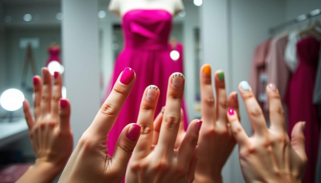 A close-up view of hands showcasing various manicure mistakes, prominently featuring bright fuchsia nail polish paired with mismatched or poorly executed designs. The foreground focuses on a beautifully manicured hand with an imperfect nail that contrasts with an elegant fuchsia dress in the background. Display other hands with different nail art failures, such as chipped polish, uneven tips, and clashing colors. The lighting is soft and diffused, highlighting the textures of the nails, while a blurred dressing room setting serves as the backdrop to create an intimate atmosphere. Capture the mood of stylish missteps, emphasizing the importance of choosing complementary nail designs for vibrant outfits without overcrowding the image with too many elements.
