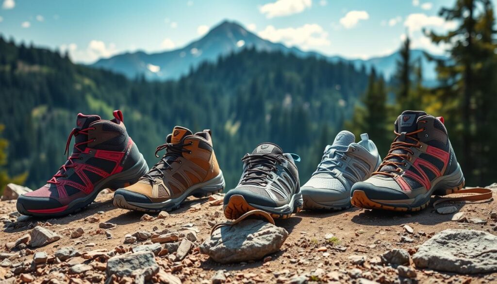 A dynamic display of CMP trekking shoes designed for various activities, positioned prominently in the foreground on rugged terrain. Each shoe features distinct designs suited for hiking, climbing, and casual outdoor use, showcasing a variety of colors and materials. The middle ground reveals a scenic backdrop of a lush forest and a mountain range, representing adventure and exploration. Bright, natural lighting highlights the shoes, with a focus on their textures and details, such as grip patterns and waterproof features. The atmosphere is vibrant and invigorating, capturing the spirit of outdoor activities and encouraging readers to embrace their adventurous side. The angle should be slightly elevated, providing a clear view of the shoes while keeping the stunning landscape in focus. A dynamic display of CMP trekking shoes designed for various activities, positioned prominently in the foreground on rugged terrain. Each shoe features distinct designs suited for hiking, climbing, and casual outdoor use, showcasing a variety of colors and materials. The middle ground reveals a scenic backdrop of a lush forest and a mountain range, representing adventure and exploration. Bright, natural lighting highlights the shoes, with a focus on their textures and details, such as grip patterns and waterproof features. The atmosphere is vibrant and invigorating, capturing the spirit of outdoor activities and encouraging readers to embrace their adventurous side. The angle should be slightly elevated, providing a clear view of the shoes while keeping the stunning landscape in focus.