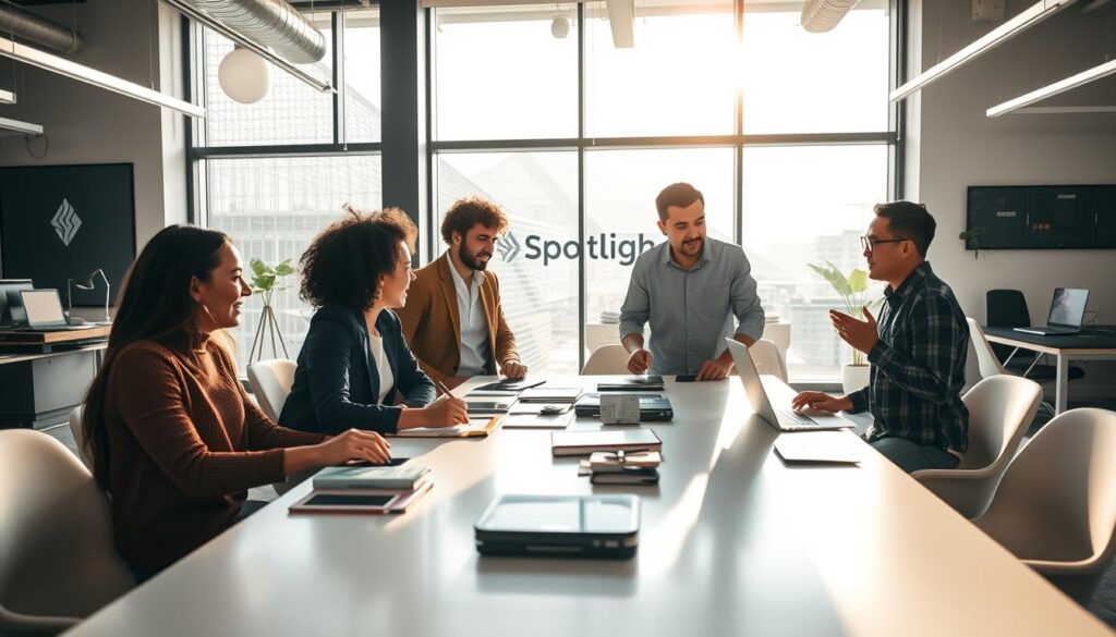 A dynamic, modern office setting showcasing a collaborative environment between Team X creators and their agency, Spotlight. In the foreground, a diverse group of young influencers, depicted in stylish, professional attire, are engaged in a discussion, brainstorming ideas over a sleek, contemporary table filled with digital devices and notebooks. The middle ground features large windows allowing soft, natural light to illuminate the space, creating a warm, inviting atmosphere. In the background, the Spotlight logo and creative workspaces are subtly integrated into the design, reinforcing the agency's role. The scene is shot with a wide-angle lens to capture the energy and teamwork, ensuring the mood is vibrant and inspirational, illustrating the synergy between influence and agency. No text or logos are visible in the scene, focusing solely on the interaction and environment.