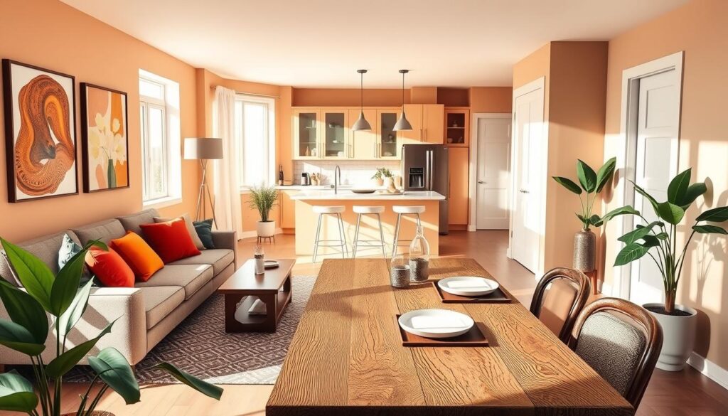 A freshly renovated cozy home interior, featuring a modern living room with a warm color palette. The space includes a stylish sofa adorned with vibrant cushions, a sleek coffee table, and contemporary artwork on the walls. Natural light streams in through large windows, casting soft shadows across the room. In the foreground, a decorative plant adds a touch of greenery. The middle of the room showcases a rustic wooden dining table set for a casual meal, creating an inviting atmosphere. In the background, a well-lit kitchen is visible, highlighting updated appliances and chic cabinetry. The overall mood is cheerful and welcoming, capturing the essence of Henio's home transformation. The image is illustrated from a slightly elevated angle to provide a comprehensive view.