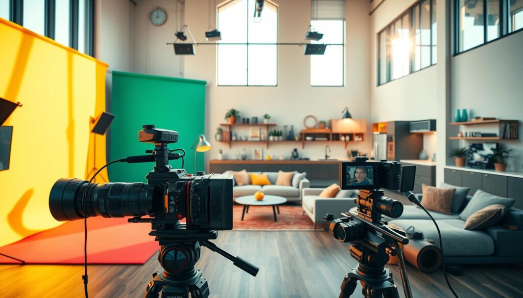 A modern, spacious film recording studio designed specifically for influencer content creation, showcasing a sleek interior with large windows allowing natural light to flood the scene. In the foreground, a high-tech camera setup is positioned in front of a brightly colored backdrop. In the middle, a cozy lounge area with contemporary furniture and vibrant decor provides a casual vibe, while shelves filled with equipment and props suggest a creative workspace. In the background, a stylish kitchen area subtly indicates home life. The atmosphere is lively and inspiring, illuminated by warm lighting, with a slight lens flare for a cinematic effect. Capture this inviting and dynamic space in a wide-angle shot to emphasize both the living and filming environment.