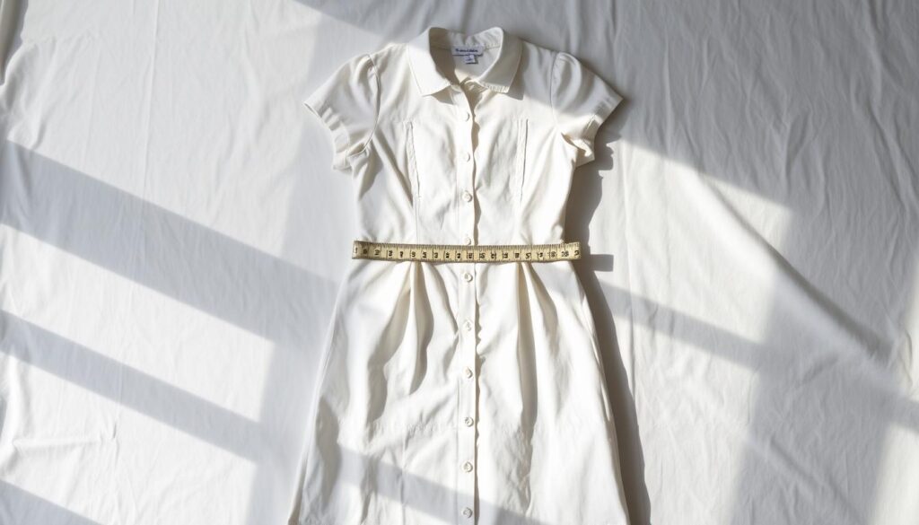 A neatly laid out dress displayed on a clean, white fabric backdrop, showcasing the intricacies of measuring its width accurately. The dress is buttoned down the front, with measurement tape placed horizontally across the widest part of the garment, emphasizing precise sizing. Soft, diffused natural lighting illuminates the scene from a side angle, casting gentle shadows that highlight the texture of the fabric. A measuring tape is clearly visible, contrasting against the dress. The background is simple and uncluttered, ensuring focus remains on the dress and measuring process. The atmosphere is professional and instructional, aimed at guiding viewers on proper measuring techniques for dresses.