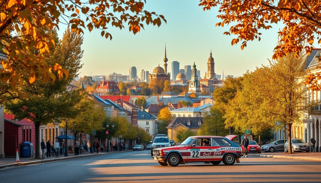 A picturesque cityscape of Dąbrowa Górnicza, Poland, featuring the vibrant urban skyline in the background, with a blend of historical and modern architecture. In the foreground, a charming street lined with colorful buildings, trees, and local people engaged in everyday activities. A vintage rally car, reminiscent of Sobiesław Zasada's racing era, can be parked along the street, symbolizing the city's connection to motorsport. The scene captures golden hour lighting, creating warm, inviting tones that enhance the atmosphere of nostalgia and pride. The camera angle is a slightly elevated view, providing a sense of depth and showcasing the city's openness. Trees full of autumn leaves frame the scene, emphasizing a connection to nature in this beloved hometown. A picturesque cityscape of Dąbrowa Górnicza, Poland, featuring the vibrant urban skyline in the background, with a blend of historical and modern architecture. In the foreground, a charming street lined with colorful buildings, trees, and local people engaged in everyday activities. A vintage rally car, reminiscent of Sobiesław Zasada's racing era, can be parked along the street, symbolizing the city's connection to motorsport. The scene captures golden hour lighting, creating warm, inviting tones that enhance the atmosphere of nostalgia and pride. The camera angle is a slightly elevated view, providing a sense of depth and showcasing the city's openness. Trees full of autumn leaves frame the scene, emphasizing a connection to nature in this beloved hometown.