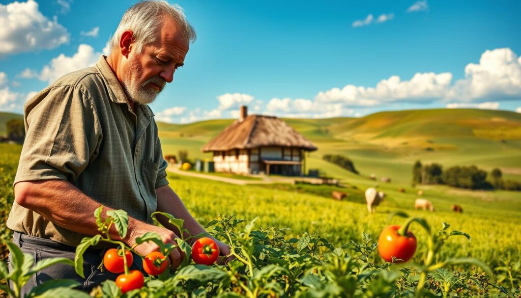 A scenic depiction of Henio, a Polish farmer, in a serene countryside setting, showcasing his life on the farm. In the foreground, Henio, dressed in modest casual clothing, is tending to a vibrant vegetable garden, showcasing colorful peppers and tomatoes. In the middle ground, a rustic farmhouse with a thatched roof stands surrounded by lush fields and grazing animals like cows and chickens. The background features rolling green hills under a bright blue sky, with fluffy white clouds adding to the tranquil atmosphere. Warm sunlight bathes the scene, creating inviting golden tones. The angle captures Henio in action, emphasizing his connection to the land and his hardworking lifestyle. The overall mood reflects simplicity, peace, and rural charm.