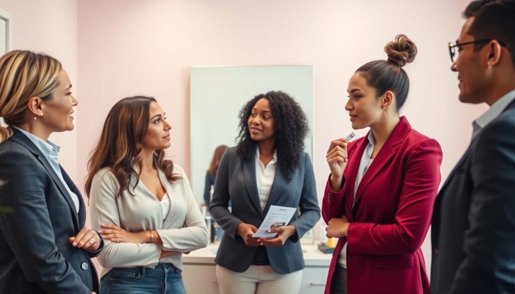 A serene and professional setting depicting a beauty consultation focused on cold sore prevention before permanent lip makeup. In the foreground, a diverse group of individuals, dressed in smart casual attire, are engaged in a dialogue. One person, a skincare specialist, demonstrates lip care with a soothing ointment in hand. The middle ground features a well-organized vanity with essential skincare products like balms and creams, alongside brochures about pre-treatment precautions. The background includes soft lighting to create a welcoming atmosphere, with pastel-colored walls to invoke calmness. The composition is balanced, with a focus on clarity and professionalism, embodying an informative and reassuring mood about skincare and beauty preparation.