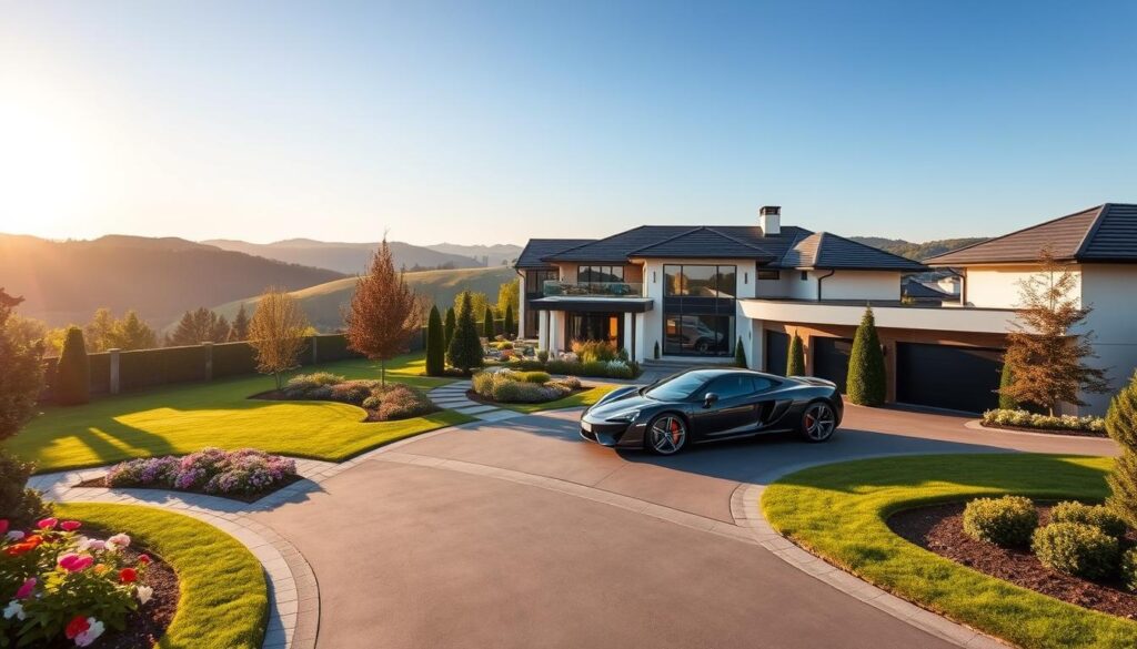 A serene and upscale residential area in Poland, showcasing a modern home that reflects the lifestyle of Sobiesław Zasada, the legendary Polish driver. In the foreground, an elegant, well-maintained garden surrounds the entrance, with colorful flowers and a neatly paved walkway. The middle ground features a sleek driveway leading up to a polished sports car, hinting at Zasada's connection to motorsports. In the background, lush greenery and rolling hills create a tranquil atmosphere, under a clear blue sky with soft, warm sunlight filtering through. The scene is captured from a slightly elevated angle, emphasizing the luxurious architecture of the house while conveying a sense of accomplishment and sophistication. The mood is inviting, reflecting the pride of a legendary figure in the world of motorsports. A serene and upscale residential area in Poland, showcasing a modern home that reflects the lifestyle of Sobiesław Zasada, the legendary Polish driver. In the foreground, an elegant, well-maintained garden surrounds the entrance, with colorful flowers and a neatly paved walkway. The middle ground features a sleek driveway leading up to a polished sports car, hinting at Zasada's connection to motorsports. In the background, lush greenery and rolling hills create a tranquil atmosphere, under a clear blue sky with soft, warm sunlight filtering through. The scene is captured from a slightly elevated angle, emphasizing the luxurious architecture of the house while conveying a sense of accomplishment and sophistication. The mood is inviting, reflecting the pride of a legendary figure in the world of motorsports.