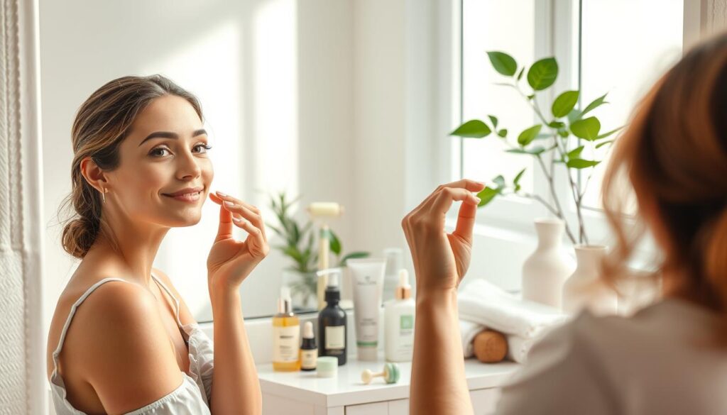 A serene bathroom setting focused on skincare preparation before makeup application. In the foreground, a woman with a radiant complexion applies a gentle moisturizer to her face, wearing a modest casual outfit. Her expression is relaxed and focused, reflecting a sense of self-care. In the middle, a vanity table is adorned with various skincare products such as serums, lotions, and a jade roller, all arranged artistically. The background features soft, diffused lighting from a window, casting a warm glow over the scene. Plants and soft towels add a touch of tranquility, enhancing the peaceful atmosphere. The camera angle is slightly elevated for a clear view of the vanity, capturing both the subject and her meticulous ritual.
