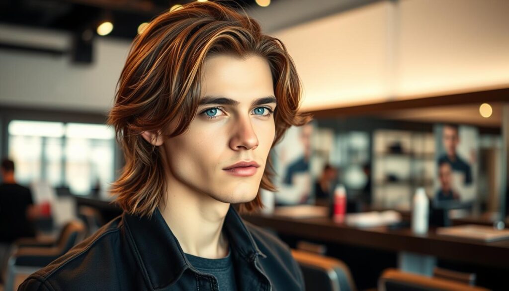 A stylish and contemporary male haircut for 2025, featuring long hair with bold layering and texture. The foreground showcases a model with shoulder-length hair styled in loose waves, expertly defined with a subtle shine. His attire is a smart-casual outfit, complementing the trendy hairstyle. The middle ground captures a barbershop environment with sleek, modern decor, soft ambient lighting casting gentle shadows to enhance the haircut's features. The background includes images of hair products and tools, suggesting a fashionable grooming ritual. The mood is vibrant and fresh, emphasizing creativity and contemporary style in men’s long hairstyles. The shot is framed at a slight angle to add depth and focus on the hairstyle, while maintaining a clean and polished look without any text or overlay.