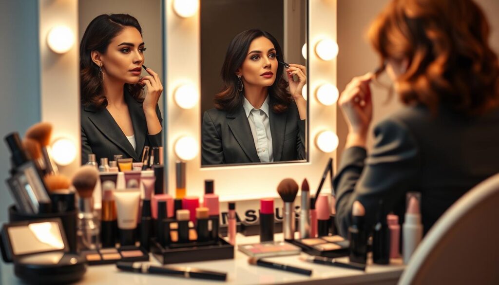 A stylish and elegant makeup station thoughtfully arranged to demonstrate the concept of matching hairstyle and makeup to different skin and hair types. In the foreground, a beautifully organized vanity with various cosmetics, brushes, and hair styling tools, capturing a sense of preparation. In the middle ground, a reflective mirror shows a woman in professional business attire applying makeup, showcasing different styles tailored for specific hair and skin types. The background features soft, warm lighting that highlights the vibrant colors of the cosmetics and creates a welcoming atmosphere. The overall mood is focused and sophisticated, emphasizing the importance of a well-planned beauty routine for special occasions.