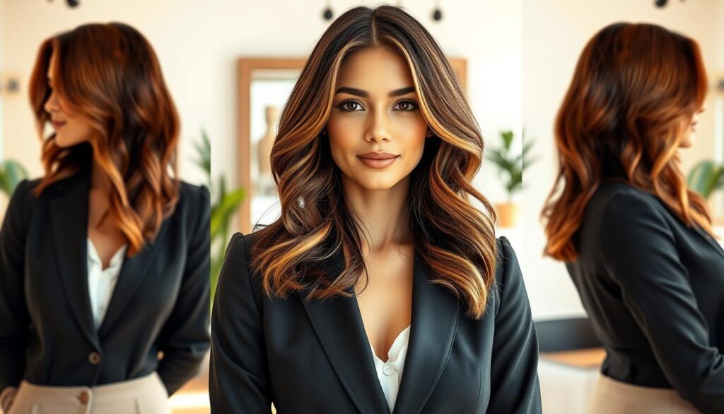 A stylish and modern long bob haircut, tailored to reflect a variety of lifestyles. The foreground features a confident woman in professional business attire, showing off her chic long bob with soft waves and subtle highlights. In the middle, display a mirror capturing her hairstyle from different angles—side, back, and front views—highlighting the versatility and elegance of the cut. The background consists of a bright, airy salon environment with light-colored walls, potted plants, and stylish décor, suggesting a fresh and vibrant atmosphere. Use warm, natural lighting to illuminate her hair, showcasing its texture and seamless blend. Capture the overall mood as sophisticated yet approachable, embodying a sense of empowerment and style.
