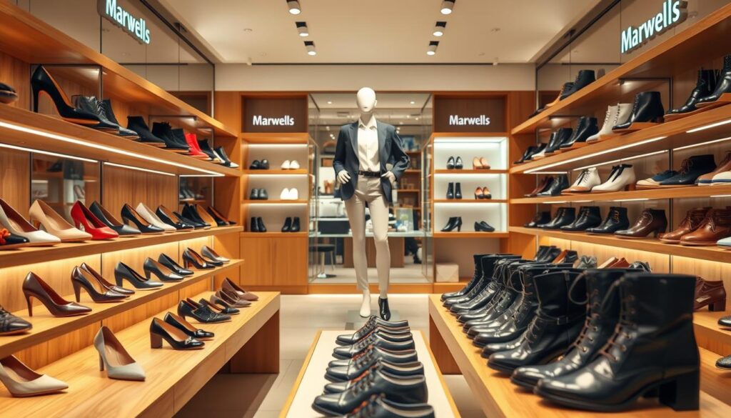 A stylish and modern shoe store display featuring an array of footwear styles from the brand Marwells. In the foreground, showcase a well-lit assortment of heels, sneakers, and boots, elegantly arranged on sleek wooden shelves. The middle ground includes a fashionable mannequin dressed in professional attire, showcasing how Marwells shoes complement a polished look. In the background, incorporate soft, warm lighting that enhances the cozy atmosphere of the store, with subtle hints of branding in stylish decor. The image should convey a sense of quality, sophistication, and modernity, inviting customers to explore the offerings of the Marwells brand. Use a slight high-angle perspective to capture the depth and detail of the shoe collection while maintaining a clean, professional aesthetic.
