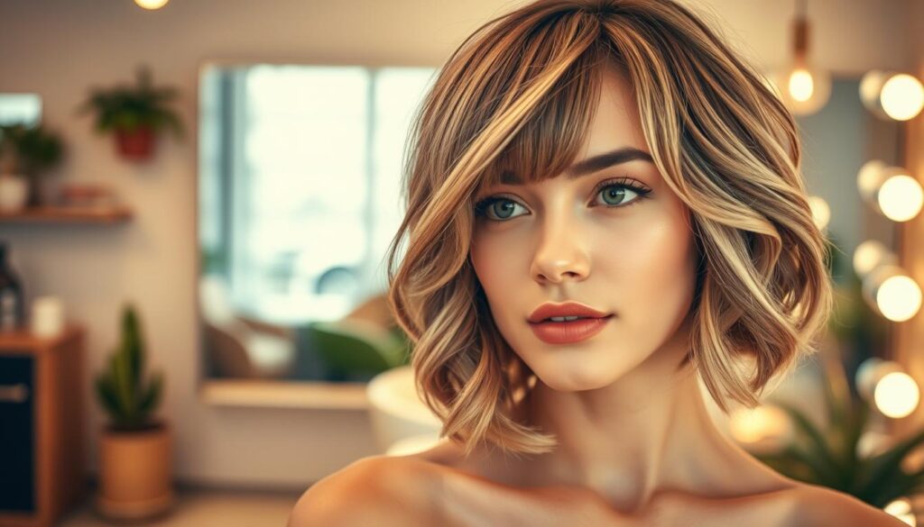 A stylish bob haircut featuring soft waves and a chic fringe, set against a cozy, well-lit salon environment. In the foreground, show a close-up of a model with radiant skin, wearing elegant casual attire that enhances the hairstyle's allure. The haircut is expertly layered, with the waves cascading gracefully, highlighting the texture and movement. In the middle, incorporate a trendy salon chair and a large mirror reflecting the stylish ambiance, adorned with potted plants and contemporary decor. The background is softly blurred to focus on the model, with warm lighting creating an inviting and fashionable atmosphere. The overall mood is vibrant and fashionable, suggesting both everyday wear and special occasions.