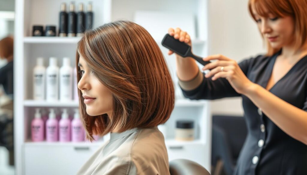 A stylish bob haircut with a swooped fringe to the side, perfectly shaped and well-maintained, showcased in a modern salon setting. The foreground features a woman with healthy, glossy hair, sitting in a salon chair, wearing a chic, modest outfit. The stylist, also in professional attire, is gently brushing the hair, highlighting the smoothness and elegance of the cut. In the middle, hair care products with sleek packaging are neatly arranged on a shelf in the background, adding vibrancy to the scene. Soft, natural lighting enhances the shine of the hair, creating a welcoming and fresh atmosphere. The image captures the essence of hair care and rejuvenation, emphasizing the importance of maintenance between salon visits.