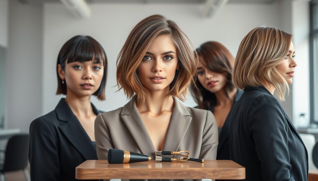 A stylish bob hairstyle with a side fringe, showcasing a variety of modern interpretations. In the foreground, a diverse group of three women in professional attire, each sporting a different bob haircut with side bangs in varying lengths and styles—one smooth and polished, one slightly tousled, and the last with subtle waves. They are positioned against a minimalist indoor setting with soft, natural lighting, highlighting the texture and movement of their hair. In the middle, a sleek wooden table holds hair styling tools, emphasizing beauty and fashion. The background features a blurred, contemporary salon environment, creating an inviting and vibrant atmosphere. The scene evokes a sense of elegance and trendiness, perfect for showcasing fashionable bob hairstyles.