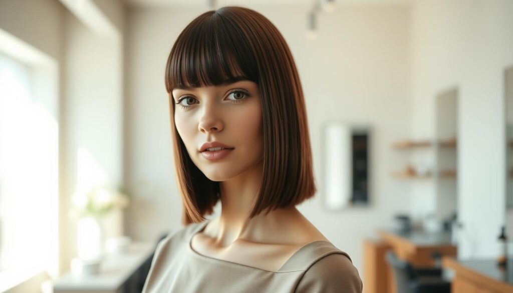 A stylish hair model showcasing a sleek, straight hairstyle cut to shoulder length, emphasizing minimalist aesthetics. The model, dressed in a simple, elegant top, stands in the foreground with soft natural lighting highlighting the smooth texture of the hair. In the middle ground, subtle hints of modern salon equipment can be seen, adding to the professional setting. The background features a softly blurred salon environment with neutral tones, enhancing the focus on the hair. The atmosphere is serene and sophisticated, with a focus on simplicity and elegance. The composition is framed at eye level, creating an inviting and professional feel.