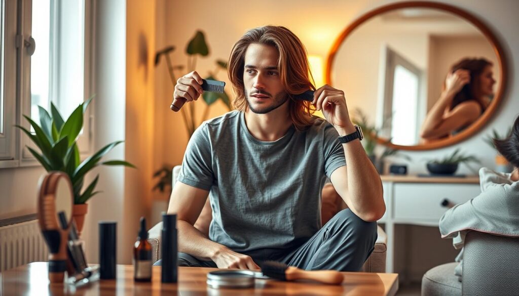 A stylish male figure with long hair is seated in a well-lit, cozy home environment. He is casually dressed in a modest t-shirt and pants, demonstrating different techniques to style his long hair. The foreground features a grooming set with brushes and hair products, emphasizing the theme of home hairstyling. In the middle, the man is using a comb, showcasing a focused expression as he carefully places his hair into an elegant style. The background includes a mirror reflecting the warm light of the room, with houseplants adding a natural touch. The atmosphere is relaxed and inviting, with soft, natural lighting creating a serene vibe, suggesting comfort in personal grooming routines.
