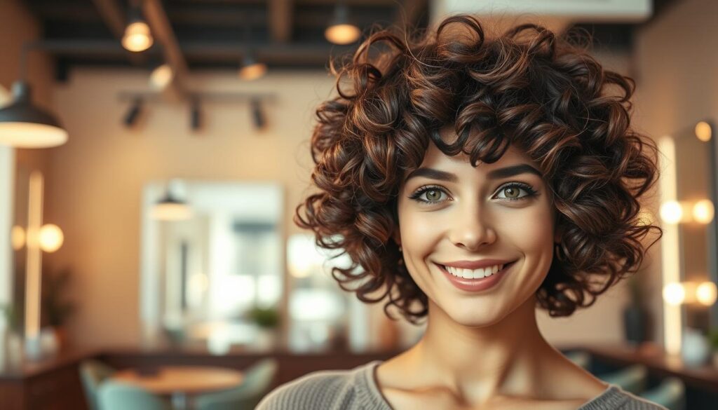 A stylish pixie bob haircut featuring naturally tousled curls that enhance the hair's bounce and texture. The model is positioned in a close-up shot, showing her confident smile and the dynamic movement of her curls. The foreground captures the rich, defined curls, framing her face softly. In the middle ground, a blurred background of a chic, modern salon with soft, warm lighting creates an inviting atmosphere. The lighting highlights the shine of her hair while casting gentle shadows that add depth. The model wears stylish, modest clothing that complements her youthful energy, evoking a sense of freshness and vibrancy suited for showcasing the versatility of a pixie bob for curly hair.