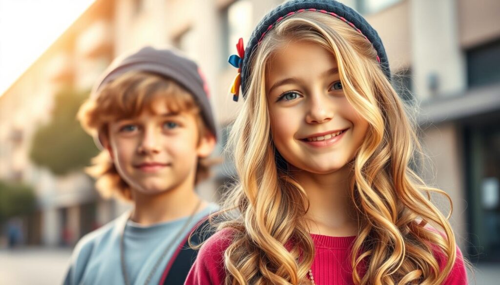 A stylish scene featuring a young girl and boy, both with soft, flowing hairstyles that feature gentle waves. The girl has long, wavy hair adorned with colorful hair accessories like clips and headbands, creating a vibrant and trendy look. The boy has medium-length hair with subtle waves, complemented by a trendy beanie. In the foreground, focus on their confident expressions and dynamic poses that convey youth and fashion. In the middle ground, display an urban background with soft, diffused sunlight casting a warm glow, enhancing the hair textures. Use a slight bokeh effect to keep the subjects sharp and in focus while creating a dreamy atmosphere. Aim for an inviting and youthful vibe, perfect for illustrating modern hairstyles.