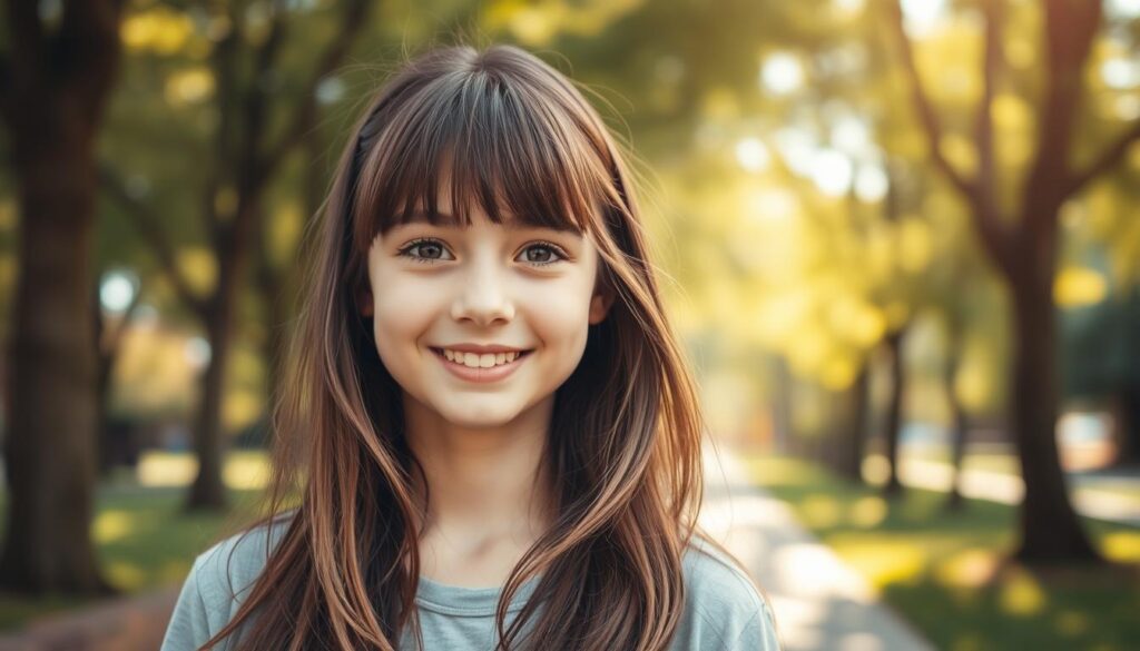 A stylish teenage girl with long hair features trendy curtain bangs and a butterfly cut, showcasing soft, flowing layers that frame her face. She has a cheerful smile, dressed in a casual, comfortable outfit reflecting a youthful spirit. The foreground focuses on her expressive features and hairstyle details, highlighting the unique texture and movement of her hair. In the middle ground, a softly blurred park setting adds a sense of relaxation, with gentle sunlight filtering through the leaves, creating a warm and inviting atmosphere. The angle captures her slightly from the side to emphasize the haircut’s shape while maintaining a vibrant, engaging mood. The overall scene conveys modern youth and trendy hairstyles without any distractions or text.