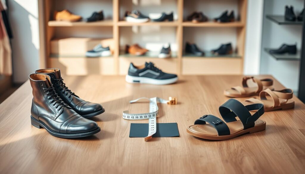 A stylish, well-lit flat lay composition showcasing various models of Potocki footwear, arranged on a sleek wooden surface. The foreground features three distinct styles of shoes: a pair of elegant leather boots, sporty casual sneakers, and chic sandals, all meticulously polished to highlight their craftsmanship. In the middle ground, a measuring tape and a color swatch that match the shoe designs are placed, symbolizing careful comparison. The background features a soft-focus shelf displaying additional footwear options, creating a relatable shopping atmosphere. Natural daylight streams in, casting gentle shadows and adding warmth to the scene. The overall mood is refined yet inviting, emphasizing quality and thoughtful selection before purchase, with a sense of anticipation for finding the perfect pair.