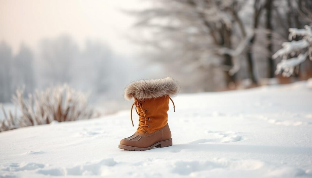 A stylish winter scene showcasing a pair of elegant women's snow boots and knee-high boots, prominently placed in the foreground on a snowy surface. These boots are designed with rich textures, featuring warm shades of brown and luxurious fur trim. In the middle ground, a softly blurred backdrop reveals a gently snow-covered landscape with delicate frost-covered trees, evoking a serene winter atmosphere. The lighting is soft and diffused, suggesting an overcast day, enhancing the cozy and inviting mood. Use a shallow depth of field to keep the focus on the footwear, while capturing the peaceful elegance of a winter day. The entire composition should reflect sophistication and practicality, ideal for winter fashion.