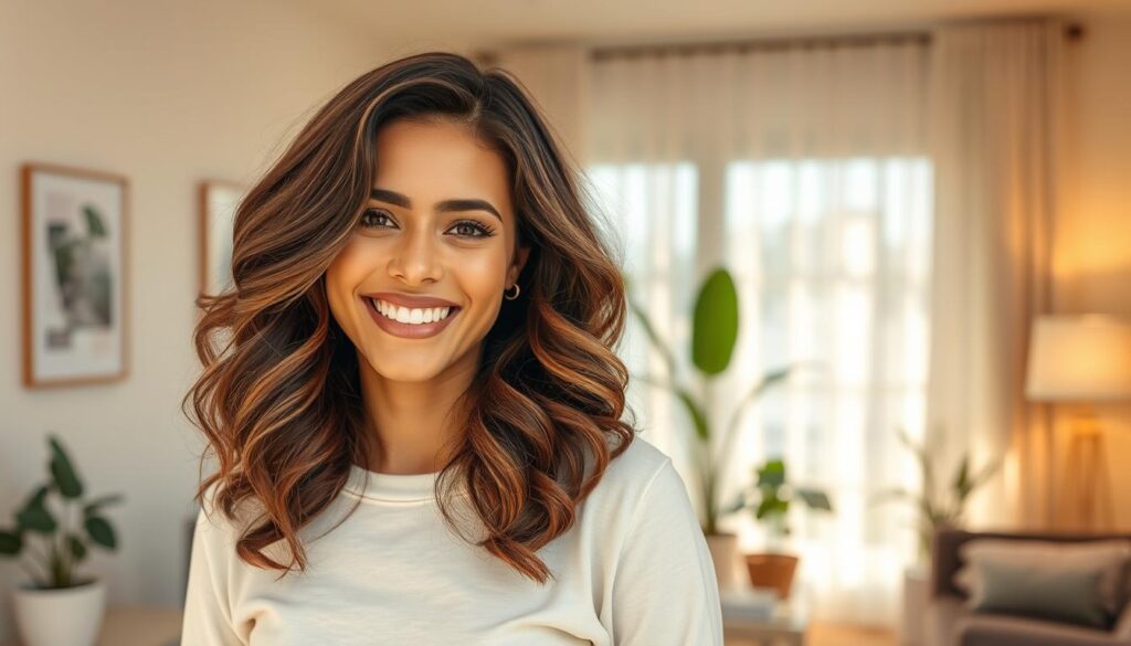 A stylish woman with a long bob haircut featuring beautifully defined curls, with her hair reaching just above her shoulders. She has a radiant, joyful expression as she stands in a softly lit environment. The foreground highlights her flowing curls that frame her face, while the middle ground includes an elegant, minimalistic living space decorated with plants and soft, natural textures. The background showcases a warm, inviting atmosphere with soft sunlight filtering through sheer curtains, creating a gentle glow. The composition is shot from a slightly elevated angle, allowing a hint of the interior decor to blend harmoniously with her hairstyle, capturing the essence of confidence and style in casual yet refined attire.
