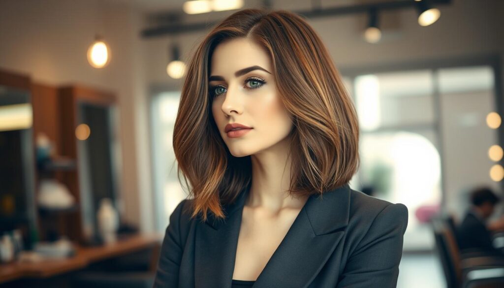 A stylish woman with shoulder-length, thin hair showcasing a modern C-shape haircut, emphasizing volume and soft layers. She is facing slightly to the left, allowing the C-shape of her hair to be fully visible. The background is a softly blurred hair salon interior, with warm lighting that enhances the texture and shine of her hair. The woman is dressed in a chic, professional outfit, lending an air of sophistication. The lighting should create a cozy atmosphere, highlighting the elegance of the hairstyle. The scene captures the essence of trendy hair fashion, perfect for readers wanting to know more about the C-shape haircut and its styling.
