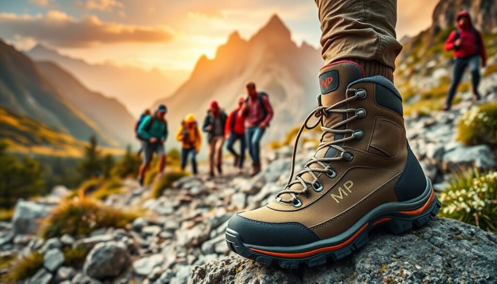 A vibrant and dynamic outdoor scene showcasing the essence of CMP, an Italian outdoor brand. In the foreground, a pair of stylish CMP hiking boots are prominently displayed on a rugged rock, with dew drops glistening on them. The middle ground features a diverse group of adventurers, dressed in professional outdoor gear, confidently navigating a stunning mountain trail, surrounded by lush greenery and rocky terrain. In the background, towering peaks are bathed in warm golden sunlight, creating a sense of adventure and exploration. The atmosphere is filled with excitement and determination, captured from a low angle to emphasize the boots and the beautiful landscape. The lighting is soft yet dramatic, enhancing the textures of the natural environment. A vibrant and dynamic outdoor scene showcasing the essence of CMP, an Italian outdoor brand. In the foreground, a pair of stylish CMP hiking boots are prominently displayed on a rugged rock, with dew drops glistening on them. The middle ground features a diverse group of adventurers, dressed in professional outdoor gear, confidently navigating a stunning mountain trail, surrounded by lush greenery and rocky terrain. In the background, towering peaks are bathed in warm golden sunlight, creating a sense of adventure and exploration. The atmosphere is filled with excitement and determination, captured from a low angle to emphasize the boots and the beautiful landscape. The lighting is soft yet dramatic, enhancing the textures of the natural environment.