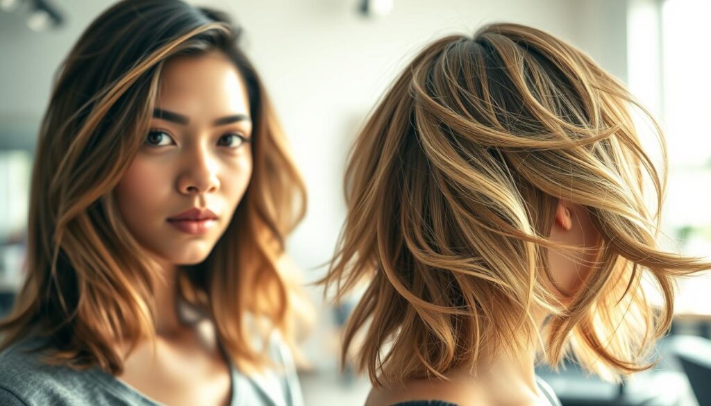 A vibrant, modern hairstyle showcasing layered cuts, including a butterfly cut and shag style, featuring medium-length hair styled to enhance movement and texture. In the foreground, a close-up of a model with a warm complexion, dressed in casual yet stylish attire, displaying the haircuts with soft, flowing locks. The middle ground focuses on the hair’s texture and layers, illuminated by soft, natural light that accentuates the movement and flow of the hair. The background is a softly blurred, minimalist salon setting, creating an inviting atmosphere. The overall mood is fresh and dynamic, inspiring creativity in hair styling and showcasing the elegance of mid-length hairstyles.
