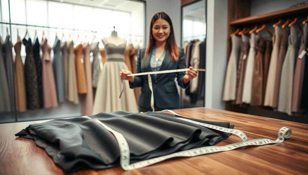 A well-lit, inviting boutique dressing room with a focus on a tape measure laid out on a stylish wooden table. In the foreground, a neatly folded dress on a hanger showcases an elegant silhouette, highlighting areas where measurements should be taken. In the middle ground, a friendly, professional-looking figure, dressed in business casual attire, holds a measuring tape, demonstrating how to measure the length of the dress. The background features a mirror reflecting soft, natural light, with racks of various dresses, creating an atmosphere of sophistication and readiness. The overall mood should feel instructional yet welcoming, emphasizing precision in dress fitting and measurements.
