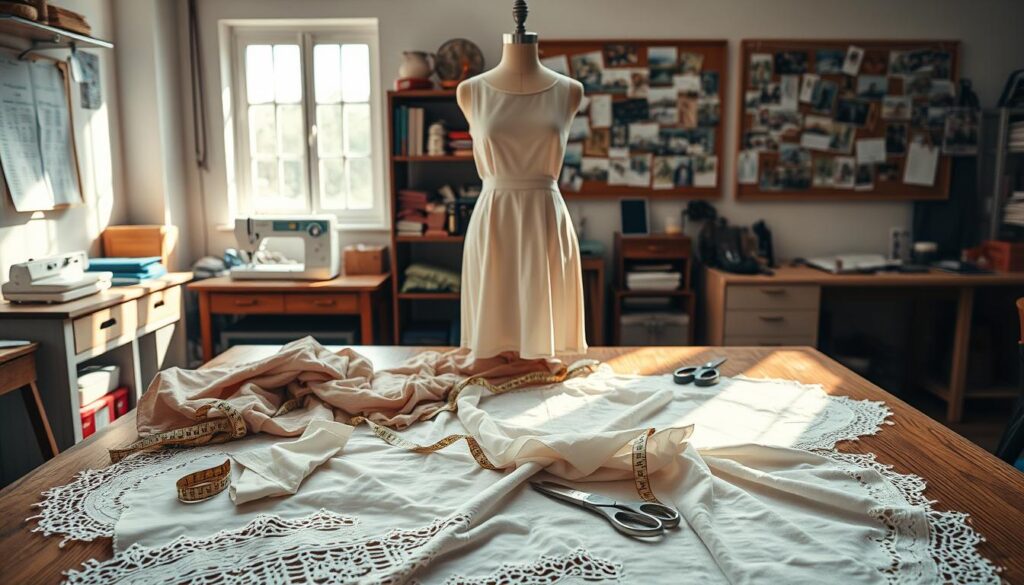 A well-lit sewing workshop featuring a large wooden table in the foreground, covered with various fabrics suitable for expanding a dress. The materials include lace, cotton, and silk in an array of colors and textures, elegantly arranged. A measuring tape and scissors lie alongside the fabrics, symbolizing the customization process. In the middle ground, a dress form displays a fitted yet slightly tight dress, with fabric swatches pinned around it, suggesting potential expansion ideas. Soft natural light filters through a nearby window, casting gentle shadows that enhance the creative atmosphere. The background features neatly organized sewing tools and a pinboard filled with inspiration images. The overall mood is warm and inviting, reflecting a passion for fashion and creativity.